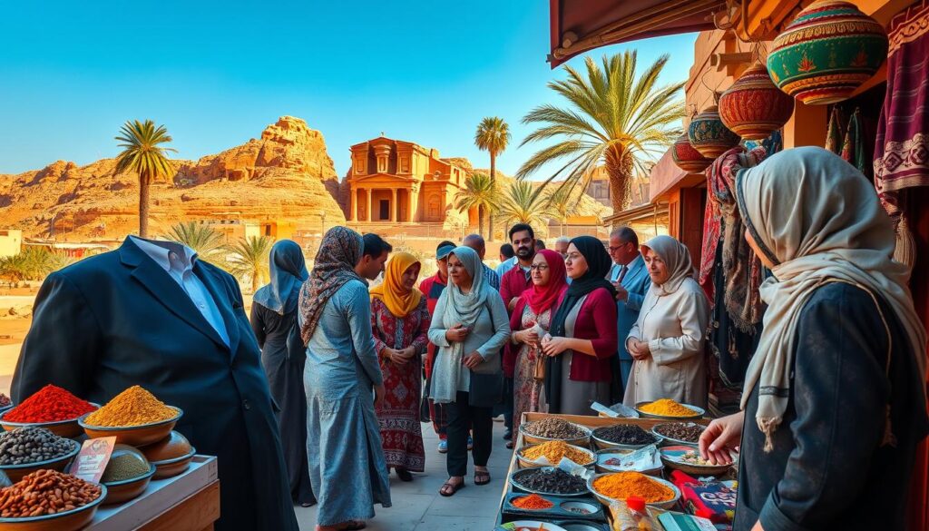 A Jordanian market scene filled with vibrant colors and cultural elements, featuring local vendors in professional and modest attire interacting with tourists. In the foreground, a friendly vendor is offering spices and traditional handicrafts, with intricate patterns and textures clearly visible. The middle ground showcases a diverse group of tourists engaged in conversation, observing cultural practices like local greetings and sharing meals. The background includes iconic elements of Jordan, such as the ruins of Petra and palm trees against a clear blue sky. Soft, warm lighting enhances the inviting atmosphere, capturing the essence of Jordan's rich cultural etiquette. The angle is slightly elevated, providing an immersive view of the bustling market while maintaining a respectful and engaging ambiance. A Jordanian market scene filled with vibrant colors and cultural elements, featuring local vendors in professional and modest attire interacting with tourists. In the foreground, a friendly vendor is offering spices and traditional handicrafts, with intricate patterns and textures clearly visible. The middle ground showcases a diverse group of tourists engaged in conversation, observing cultural practices like local greetings and sharing meals. The background includes iconic elements of Jordan, such as the ruins of Petra and palm trees against a clear blue sky. Soft, warm lighting enhances the inviting atmosphere, capturing the essence of Jordan's rich cultural etiquette. The angle is slightly elevated, providing an immersive view of the bustling market while maintaining a respectful and engaging ambiance.