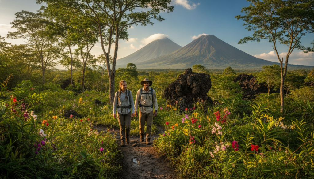 A breathtaking scene of hikers on the trails of Ometepe Island, Nicaragua, surrounded by lush greenery and vibrant wildflowers. In the foreground, a couple of confident travelers, dressed in lightweight, modest hiking attire, ascend a muddy trail, with determined expressions on their faces. The middle ground features tall, verdant trees interspersed with glimpses of rocky terrain, hinting at the island's volcanic origins. In the background, towering volcanoes, such as Concepción and Maderas, rise majestically against a clear blue sky scattered with fluffy white clouds. The golden light of late afternoon casts warm shadows, creating a serene yet adventurous atmosphere. The composition showcases the contrast between the fertile landscape and the imposing volcanic peaks, evoking a sense of mysticism and natural beauty unique to Ometepe Island.