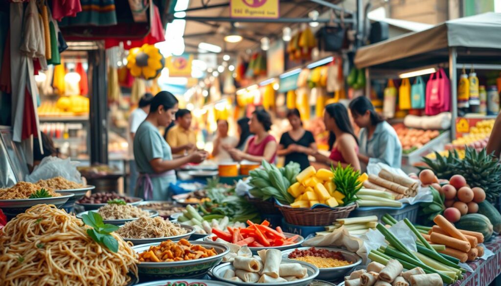 A bustling Thai street market scene, showcasing a vibrant selection of local dishes and ingredients. In the foreground, a colorful display of various traditional Thai foods like Pad Thai, green curry, fresh spring rolls, and tropical fruit. In the middle ground, vendors in modest casual clothing enthusiastically calling out prices while interacting with cheerful customers, creating an inviting atmosphere. The background features lively market stalls adorned with bright fabrics and decorations, under the warm glow of late afternoon sunlight, casting soft shadows. The lens is focused on capturing the lively details of food stalls with a slight depth of field effect, emphasizing the rich colors and textures of the food against a slightly blurred marketplace backdrop. The overall mood is energetic and inviting, perfect for illustrating dining expenditures in Thailand. A bustling Thai street market scene, showcasing a vibrant selection of local dishes and ingredients. In the foreground, a colorful display of various traditional Thai foods like Pad Thai, green curry, fresh spring rolls, and tropical fruit. In the middle ground, vendors in modest casual clothing enthusiastically calling out prices while interacting with cheerful customers, creating an inviting atmosphere. The background features lively market stalls adorned with bright fabrics and decorations, under the warm glow of late afternoon sunlight, casting soft shadows. The lens is focused on capturing the lively details of food stalls with a slight depth of field effect, emphasizing the rich colors and textures of the food against a slightly blurred marketplace backdrop. The overall mood is energetic and inviting, perfect for illustrating dining expenditures in Thailand.