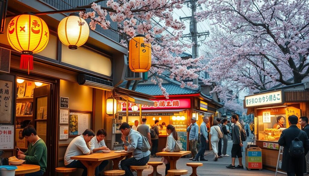 A bustling street scene in Japan, highlighting affordable dining experiences. In the foreground, a cozy ramen shop with bright paper lanterns hanging outside and a welcoming open door, inviting customers to enjoy a steaming bowl of ramen. Small wooden tables with locals, dressed in modest casual clothing, savoring their meals. In the middle ground, a variety of street food stalls offering takoyaki and yakitori, with friendly vendors engaging with customers. The background features traditional Japanese architecture with cherry blossom trees in full bloom, casting soft pink petals. Warm, inviting lighting with a slight golden hour glow, shot from a slightly elevated angle to capture the vibrant atmosphere and the communal joy of dining in an affordable yet authentic Japanese setting. A bustling street scene in Japan, highlighting affordable dining experiences. In the foreground, a cozy ramen shop with bright paper lanterns hanging outside and a welcoming open door, inviting customers to enjoy a steaming bowl of ramen. Small wooden tables with locals, dressed in modest casual clothing, savoring their meals. In the middle ground, a variety of street food stalls offering takoyaki and yakitori, with friendly vendors engaging with customers. The background features traditional Japanese architecture with cherry blossom trees in full bloom, casting soft pink petals. Warm, inviting lighting with a slight golden hour glow, shot from a slightly elevated angle to capture the vibrant atmosphere and the communal joy of dining in an affordable yet authentic Japanese setting.