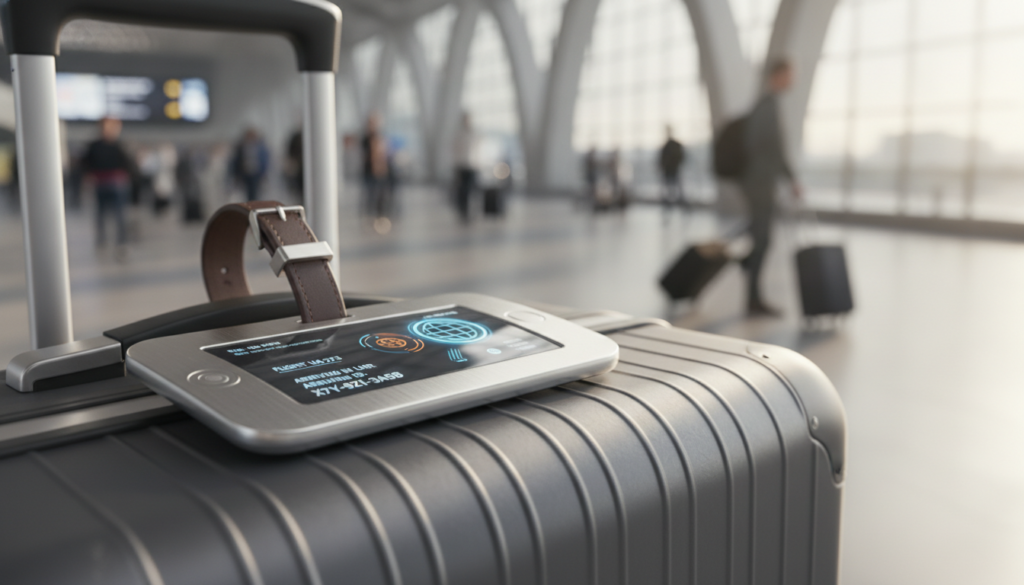 A close-up view of a sleek, modern smart aluminum luggage tag on a stylish piece of luggage. The tag features a high-tech design with an embedded digital display, showcasing a vibrant, user-friendly interface for tracking and personalization. In the foreground, the tag is angled slightly, emphasizing the smooth, metallic finish and unique ID number. The middle background displays a blurred, contemporary airport terminal bustling with travelers, hinting at travel. Soft, natural lighting streams in from large windows overhead, creating a welcoming atmosphere. A shallow depth of field focuses attention on the luggage tag while the surroundings fade into a pleasant blur, evoking a sense of adventure and security in travel.