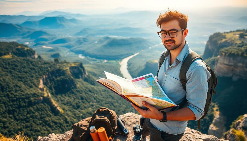 A confident independent traveler stands at the edge of a breathtaking cliff, overlooking a vast, undulating landscape filled with lush greenery and rolling hills under a bright blue sky. In the foreground, the traveler, dressed in stylish yet modest casual clothing, is reviewing a vibrant print guidebook with a detailed map spread open. The traveler’s expression is one of excitement and determination. In the middle ground, there's an assortment of travel gear—backpack, camera, and water bottle—suggesting a day of exploration ahead. The background features an expansive panoramic view of distant mountains and a winding river, bathed in warm, golden sunlight, creating an inviting and adventurous atmosphere. This scene conveys the spirit of independent exploration and the joy of discovering new places.