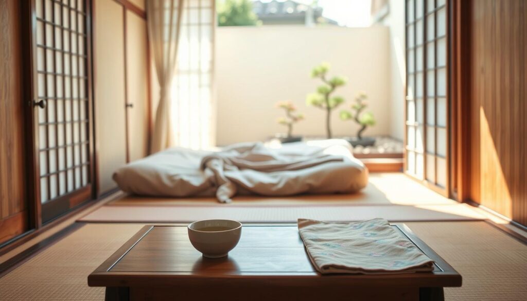 A cozy, affordable Japanese guesthouse room, showcasing traditional decor with tatami mats and shoji screens. In the foreground, a low wooden table with a steaming cup of green tea and a folded yukata. The middle ground features a simple futon laid out, with soft natural light streaming in from a window adorned with delicate noren curtains. In the background, the gentle outlines of a small, tranquil garden can be seen, complete with pebbles and bonsai trees. Capture the warm, inviting atmosphere of an affordable stay, emphasizing comfort and simplicity, with soft afternoon lighting and a slightly angled perspective to enhance depth. The image should evoke a sense of peace and charm, perfect for budget travelers seeking an authentic experience in Japan.