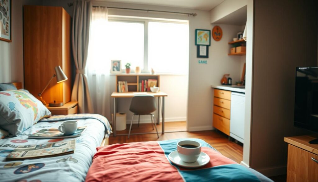 A cozy, budget-friendly accommodation scene capturing the essence of traveling on a budget. In the foreground, a neatly made twin bed with colorful linens and a small bedside table holding a travel guide and a cup of coffee. In the middle, a welcoming, compact living area with a desk, a chair, and a small bookshelf filled with travel books. A window lets in soft, warm daylight, enhancing the inviting atmosphere. In the background, a glimpse of a shared kitchen area, with a communal table and playful decor. The mood is warm and homey, evoking a sense of comfort and security. The lighting is bright and cheerful, shot with a wide-angle lens for an open feel. A cozy, budget-friendly accommodation scene capturing the essence of traveling on a budget. In the foreground, a neatly made twin bed with colorful linens and a small bedside table holding a travel guide and a cup of coffee. In the middle, a welcoming, compact living area with a desk, a chair, and a small bookshelf filled with travel books. A window lets in soft, warm daylight, enhancing the inviting atmosphere. In the background, a glimpse of a shared kitchen area, with a communal table and playful decor. The mood is warm and homey, evoking a sense of comfort and security. The lighting is bright and cheerful, shot with a wide-angle lens for an open feel.