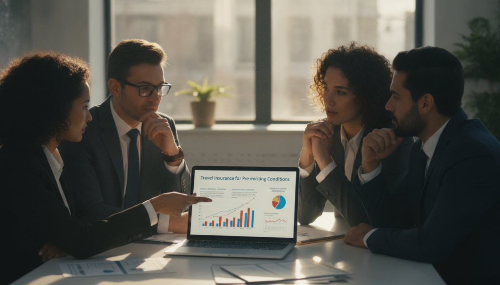A diverse group of four professionals in business attire gathered around a table, engaged in a lively discussion about medical emergency coverage and insurance options. In the foreground, a laptop displays charts and graphs related to travel insurance for pre-existing conditions. The middle ground shows various documents and informational brochures about primary and secondary insurance, with one individual pointing at a specific text on the laptop screen. In the background, a soft-focus office environment with large windows allowing natural light to illuminate the scene, creating a warm and inviting atmosphere. The overall mood is collaborative and informative, highlighting the importance of understanding insurance roles in travel safety.