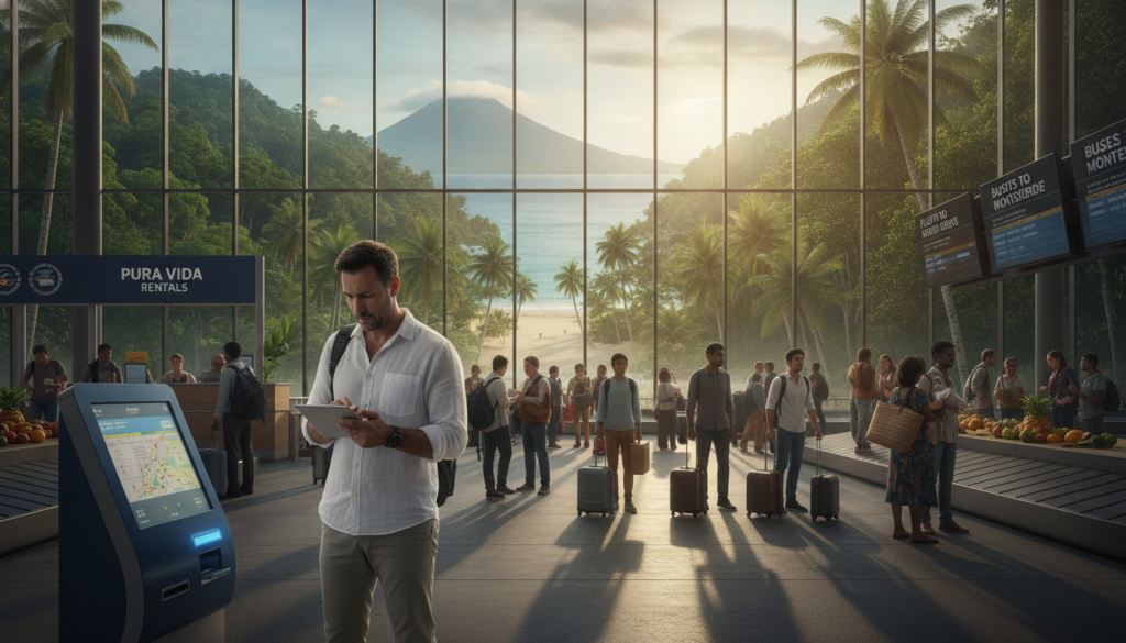 A dynamic travel logistics scene showcasing a transport hub in Costa Rica, emphasizing efficiency and organization. In the foreground, a professional-looking individual in modest casual attire consults a digital tablet with maps and itineraries. The middle ground features a vibrant airport or bus terminal filled with travelers of diverse ethnicities, managing luggage and engaging with services like car rentals. In the background, lush green landscapes and hints of Caribbean beaches are visible through large windows, with tropical sunlight streaming in, creating a warm and inviting atmosphere. The scene is illuminated by natural light, with a focus on clarity and detail, utilizing a wide-angle lens to capture the bustling environment and essence of travel preparation. The overall mood is optimistic and adventurous, symbolizing easy access to paradise. A dynamic travel logistics scene showcasing a transport hub in Costa Rica, emphasizing efficiency and organization. In the foreground, a professional-looking individual in modest casual attire consults a digital tablet with maps and itineraries. The middle ground features a vibrant airport or bus terminal filled with travelers of diverse ethnicities, managing luggage and engaging with services like car rentals. In the background, lush green landscapes and hints of Caribbean beaches are visible through large windows, with tropical sunlight streaming in, creating a warm and inviting atmosphere. The scene is illuminated by natural light, with a focus on clarity and detail, utilizing a wide-angle lens to capture the bustling environment and essence of travel preparation. The overall mood is optimistic and adventurous, symbolizing easy access to paradise.