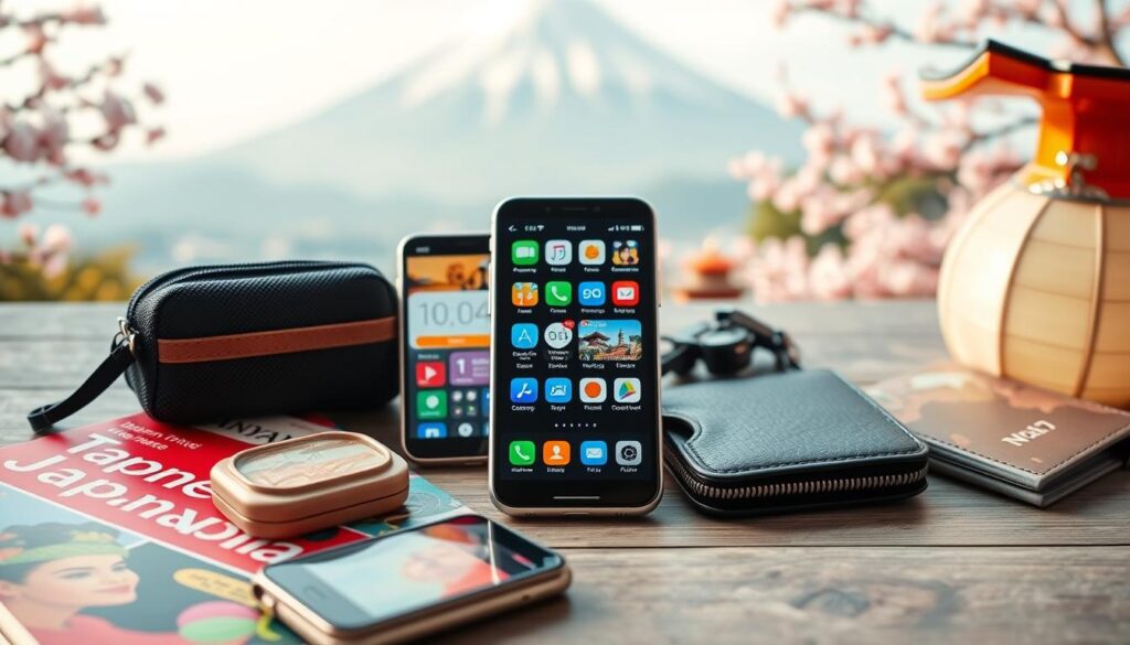 A flat lay composition of various Japan travel apps showcased on a smartphone screen, with the apps displayed in vibrant colors. In the foreground, place a neatly arranged set of travel essentials like a Japanese travel guidebook, a small budget calculator, and a travel wallet. In the middle, the smartphone should be prominently featured, backed by soft, diffused natural lighting creating a warm ambiance. The background includes blurred images of iconic Japanese landmarks, like Mount Fuji or cherry blossoms, suggesting a beautiful travel setting. The overall mood conveys a sense of excitement and preparedness for budget-friendly adventures in Japan, aimed at confident travelers seeking efficient tools for their journey.
