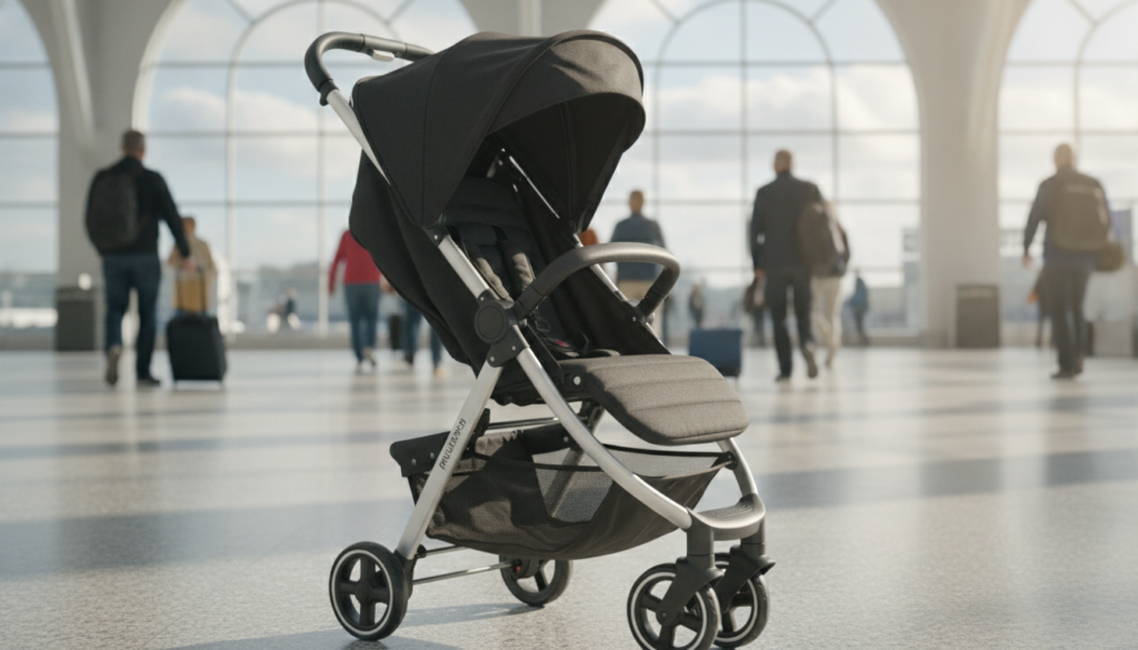 A lightweight stroller, specifically the Mountain Buggy Nano, is showcased in the foreground, highlighting its compact design with sleek lines and modern aesthetics. The stroller is open, displaying its spacious seat and folding mechanism, emphasizing portability for travel. In the middle ground, a blurred airport terminal can be seen with travelers rushing by, suggesting a busy travel environment. The background features large windows revealing a sunny day, casting soft natural light that enhances the stroller's colors and materials. The scene conveys a mood of efficiency and convenience, ideal for frequent flyers. The camera angle is slightly low, capturing the stroller's details with a focus on its features. No people are included, ensuring a clean, professional image suitable for an article.