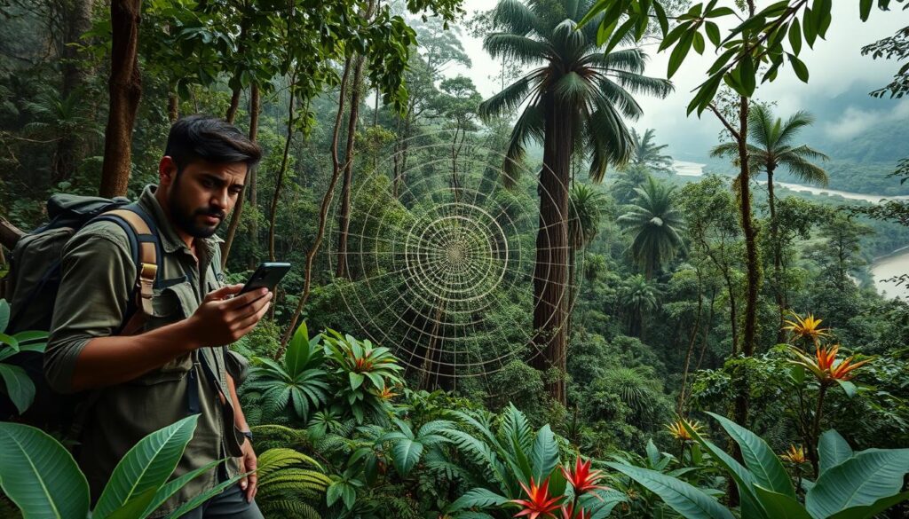 A lush Bolivian rainforest scene illustrating connectivity challenges in a remote area. In the foreground, a rugged traveler with a smartphone looks perplexed, dressed in modest outdoor gear, surrounded by dense greenery and vibrant tropical plants. In the middle ground, a tangled web of vines symbolizes the obstacles to communication, with faint signals represented as wavy lines. The background showcases towering trees and a distant river, shrouded in mist, adding depth to the scene. Soft, diffused light filters through the leaves, creating a serene yet contemplative mood. The angle captures the traveler’s struggle against nature, conveying a sense of isolation amidst the vibrant ecosystem.