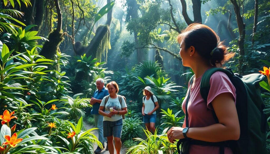 A lush Bolivian rainforest scene, showcasing a responsible tour guide leading a small group of tourists through verdant pathways. In the foreground, the guide, a Bolivian woman in modest casual clothing, gestures towards vibrant tropical flora, while the tourists, dressed in light hiking attire, listen attentively. The middle ground features dense foliage, towering trees, and colorful flowers, creating a rich tapestry of greenery. In the background, soft rays of sunlight filter through the canopy, casting dappled light on the forest floor, evoking a sense of tranquility and adventure. The mood is one of exploration and connection with nature, emphasizing ethical tourism practices. Capture this scene with a wide-angle lens to encompass the breadth of the rainforest environment, with bright, natural lighting enhancing the colors.