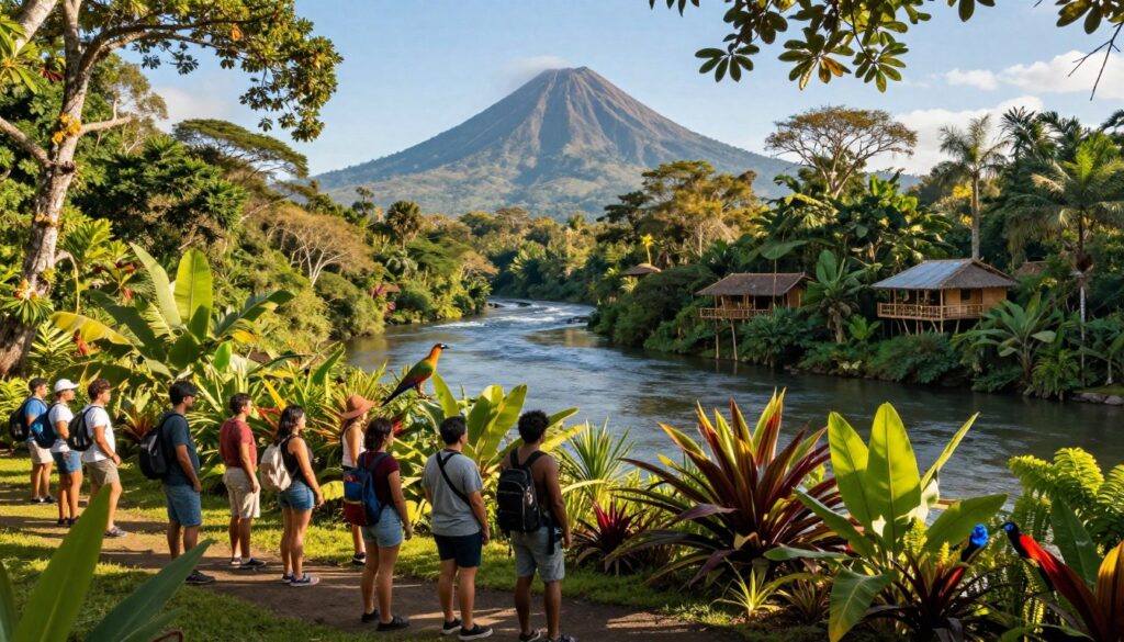 A lush, vibrant landscape in Nicaragua showcasing eco-tourism. In the foreground, a diverse group of travelers in modest casual clothing are observing a rich array of wildlife, including colorful birds and tropical plants native to the region. In the middle ground, a pristine river winds through a dense rainforest, dotted with eco-friendly lodges nestled among the trees. The background features volcanic mountains gently rising into a clear blue sky. Soft, golden sunlight filters through the leaves, casting dappled shadows on the forest floor. The atmosphere is serene and adventurous, inviting exploration and connection with nature. Use a wide-angle lens to capture the expansive scenery, highlighting the beauty and tranquility of this eco-tourism haven.