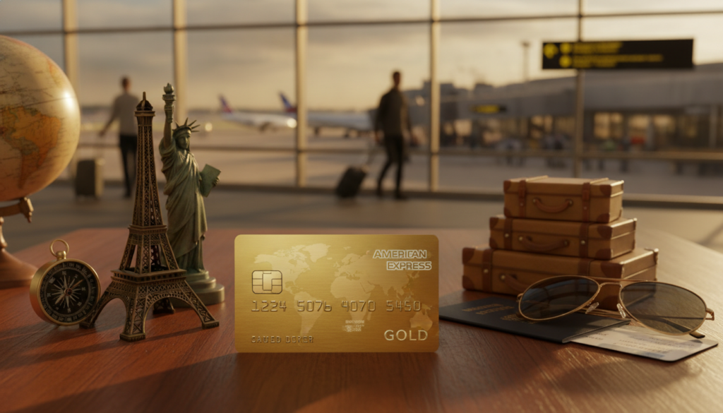 A luxurious American Express Gold Card prominently displayed in the foreground, glimmering with intricate details and a golden sheen. Surrounding the card, a travel-themed arrangement featuring iconic landmarks such as the Eiffel Tower and the Statue of Liberty, accented with stylish luggage and travel accessories. In the background, a soft-focus image of a vibrant airport setting, capturing the excitement of travel. The scene is bathed in warm, inviting lighting, creating a feeling of adventure and possibility. The composition is shot from a slightly elevated angle, emphasizing the card and travel elements harmoniously. The mood is optimistic and aspirational, reflecting the rewards of travel and the promise of protection. A luxurious American Express Gold Card prominently displayed in the foreground, glimmering with intricate details and a golden sheen. Surrounding the card, a travel-themed arrangement featuring iconic landmarks such as the Eiffel Tower and the Statue of Liberty, accented with stylish luggage and travel accessories. In the background, a soft-focus image of a vibrant airport setting, capturing the excitement of travel. The scene is bathed in warm, inviting lighting, creating a feeling of adventure and possibility. The composition is shot from a slightly elevated angle, emphasizing the card and travel elements harmoniously. The mood is optimistic and aspirational, reflecting the rewards of travel and the promise of protection.