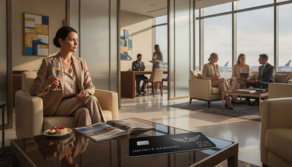A luxurious airport lounge scene featuring a professional businesswoman in elegant attire, comfortably seated on a plush leather chair, enjoying complimentary refreshments. In the foreground, a glossy table holds a stylish travel magazine and a premium travel card, subtly reflecting the theme of luxury and benefits. The middle ground showcases people interacting, some using laptops and tablets, while others relax in serene conversation, emphasizing a vibrant yet tranquil atmosphere. The background reveals sleek design elements of the lounge, with modern art and expansive windows that let in warm, natural light, casting gentle shadows. The overall mood is sophisticated and inviting, capturing the essence of exclusive travel experiences and premium service. A luxurious airport lounge scene featuring a professional businesswoman in elegant attire, comfortably seated on a plush leather chair, enjoying complimentary refreshments. In the foreground, a glossy table holds a stylish travel magazine and a premium travel card, subtly reflecting the theme of luxury and benefits. The middle ground showcases people interacting, some using laptops and tablets, while others relax in serene conversation, emphasizing a vibrant yet tranquil atmosphere. The background reveals sleek design elements of the lounge, with modern art and expansive windows that let in warm, natural light, casting gentle shadows. The overall mood is sophisticated and inviting, capturing the essence of exclusive travel experiences and premium service.