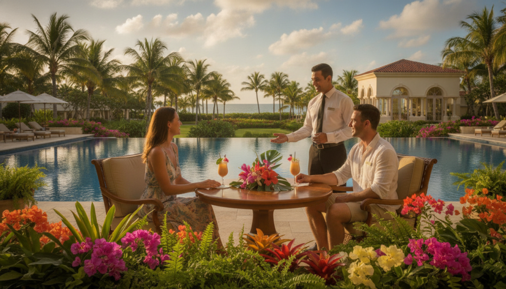 A luxurious resort setting showcasing a couple at an outdoor lounge, engaged in a discussion with a friendly concierge. The couple, dressed in smart casual attire, sits at a beautifully set table adorned with tropical flowers and refreshing drinks, embodying a sense of relaxation and romance. The foreground features vibrant greenery and colorful flowers that frame the couple. In the middle ground, a sparkling infinity pool mirrors the clear blue sky, while an elegant building with palm trees lines the background, enhancing the vacation atmosphere. Gentle, warm sunlight casts a golden hue over the scene, evoking a serene mood suggestive of peaceful negotiations. The composition is captured from a slightly elevated angle to showcase the resort's stunning environment.