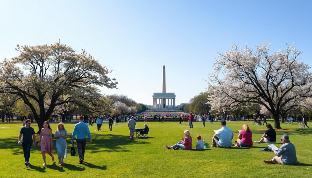 A panoramic view of the National Mall in Washington DC, capturing its lush green lawns and vibrant cherry blossoms in full bloom. In the foreground, diverse nature lovers engage in leisurely activities: a couple walking hand in hand, a family having a picnic under a tree, and individuals sketching the scenery. The middle ground features iconic attractions like the Washington Monument and the Lincoln Memorial, framed by blossoming trees. In the background, a clear blue sky enhances the peaceful atmosphere, with soft, warm sunlight casting gentle shadows. Use a wide-angle lens to create depth and emphasize the inviting landscape. The overall mood should evoke a sense of tranquility and connection with nature, highlighting the beauty of free outdoor experiences in the heart of the city. A panoramic view of the National Mall in Washington DC, capturing its lush green lawns and vibrant cherry blossoms in full bloom. In the foreground, diverse nature lovers engage in leisurely activities: a couple walking hand in hand, a family having a picnic under a tree, and individuals sketching the scenery. The middle ground features iconic attractions like the Washington Monument and the Lincoln Memorial, framed by blossoming trees. In the background, a clear blue sky enhances the peaceful atmosphere, with soft, warm sunlight casting gentle shadows. Use a wide-angle lens to create depth and emphasize the inviting landscape. The overall mood should evoke a sense of tranquility and connection with nature, highlighting the beauty of free outdoor experiences in the heart of the city.