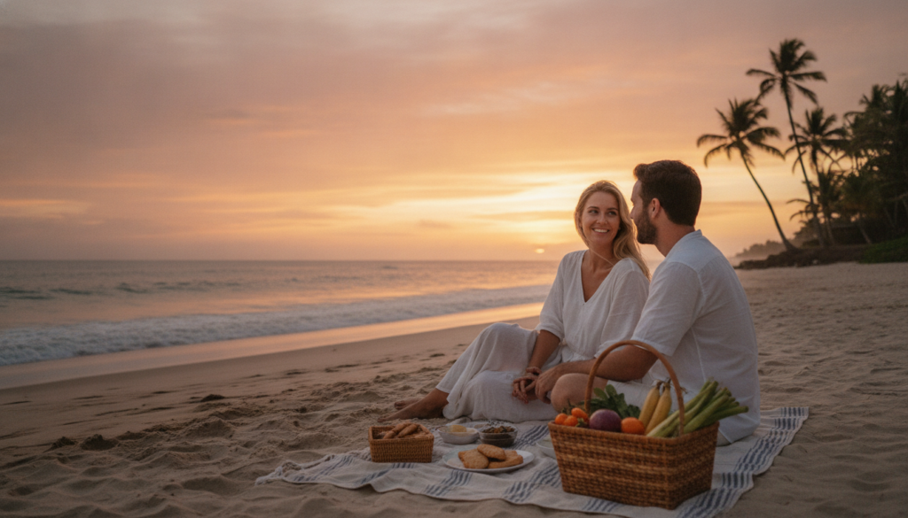 A picturesque budget-friendly romantic getaway scene, featuring a charming couple in modest casual clothing, enjoying a sunset picnic on a tranquil beach. In the foreground, a rustic picnic blanket adorns a basket filled with fresh fruits and local delicacies. The couple, smiling and relaxed, are seated close together, capturing an intimate moment. In the middle ground, gentle waves kiss the shore, while a few palm trees sway softly, adding to the tropical ambiance. The background reveals a stunning sunset with warm hues of orange, pink, and purple streaking across the sky, casting a soft golden light on the scene. The atmosphere is serene and joyful, conveying a perfect escape for couples seeking romance and affordability. The composition should be shot at a slight angle to emphasize the couple and the vibrant sunset for an inviting, dreamy feel.