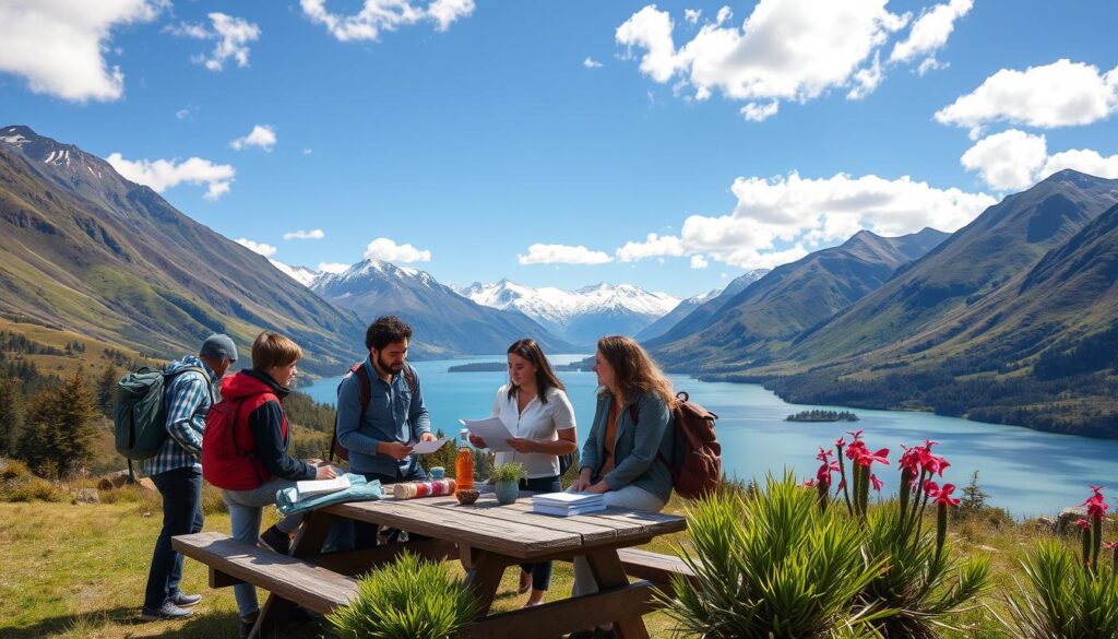 A picturesque landscape of New Zealand featuring majestic mountains and lush greenery, with a clear blue sky dotted with fluffy white clouds. In the foreground, a group of diverse travelers dressed in professional and comfortable clothing, discussing and reviewing travel insurance documents. They are gathered around a picnic table set against a stunning backdrop of a serene lake and snow-capped peaks. The middle ground showcases native flora, embodying the spirit of adventure and exploration. Soft, natural lighting enhances the cozy, informative atmosphere of the scene, while a wide-angle perspective captures the expansive beauty of the landscape, inviting viewers to feel the essence of a safe and enriching Kiwi adventure.