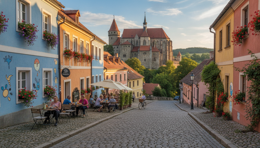A picturesque scene depicting hidden gems in Eastern Europe for budget travelers. In the foreground, charming cobblestone streets lined with quaint, colorful buildings, adorned with blooming window boxes and vibrant street art. In the middle ground, a small outdoor café with patrons in modest, casual attire enjoying local delicacies, with a bicycle leaning nearby. The background reveals a stunning medieval castle or cathedral under a bright blue sky, surrounded by lush, green hills. The lighting is warm and inviting, suggesting a late afternoon, with soft shadows enhancing the scene. The overall mood is cheerful and peaceful, capturing the essence of affordable, safe travel in an enchanting European setting. A picturesque scene depicting hidden gems in Eastern Europe for budget travelers. In the foreground, charming cobblestone streets lined with quaint, colorful buildings, adorned with blooming window boxes and vibrant street art. In the middle ground, a small outdoor café with patrons in modest, casual attire enjoying local delicacies, with a bicycle leaning nearby. The background reveals a stunning medieval castle or cathedral under a bright blue sky, surrounded by lush, green hills. The lighting is warm and inviting, suggesting a late afternoon, with soft shadows enhancing the scene. The overall mood is cheerful and peaceful, capturing the essence of affordable, safe travel in an enchanting European setting.