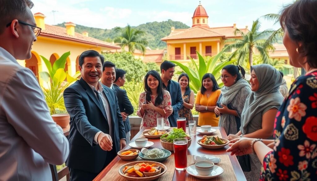 A picturesque scene highlighting cultural etiquette in Central America. In the foreground, a diverse group of people dressed in professional business attire and modest casual clothing engage in a friendly conversation, showcasing greetings such as handshakes and warm smiles. The middle ground features traditional table settings with local cuisine, emphasizing sharing and hospitality. The background consists of vibrant Central American architecture, lush greenery, and a clear blue sky, depicting a sunny day. Soft, natural lighting enhances the warmth of the scene, with a slightly angled perspective that draws the viewer's attention to the lively interactions. The atmosphere exudes friendliness, respect, and cultural appreciation, embodying key principles of etiquette in Central America. A picturesque scene highlighting cultural etiquette in Central America. In the foreground, a diverse group of people dressed in professional business attire and modest casual clothing engage in a friendly conversation, showcasing greetings such as handshakes and warm smiles. The middle ground features traditional table settings with local cuisine, emphasizing sharing and hospitality. The background consists of vibrant Central American architecture, lush greenery, and a clear blue sky, depicting a sunny day. Soft, natural lighting enhances the warmth of the scene, with a slightly angled perspective that draws the viewer's attention to the lively interactions. The atmosphere exudes friendliness, respect, and cultural appreciation, embodying key principles of etiquette in Central America.