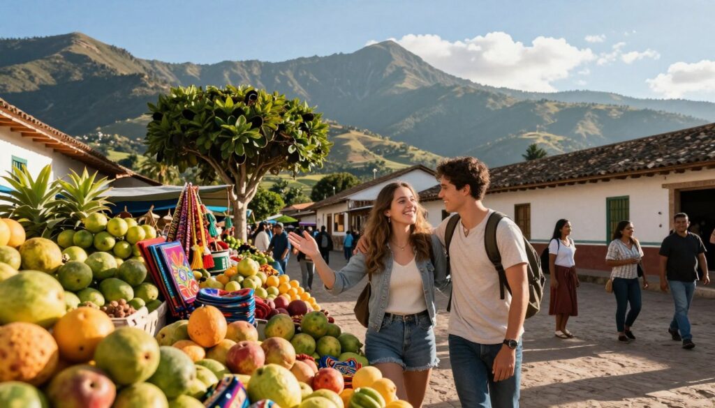 A picturesque scene showcasing affordable international travel in Central and South America. In the foreground, a young couple in modest casual clothing is joyfully exploring a vibrant local market filled with colorful fruits and handmade crafts. In the middle ground, lush greenery and traditional architecture reflect the essence of the region, accompanied by locals welcoming tourists with warm smiles. The background features scenic mountains under a bright blue sky, casting soft shadows. The lighting is warm and inviting, suggesting early morning or late afternoon. The angle is slightly elevated, allowing for a dynamic perspective that illustrates the beauty and charm of budget-friendly travel destinations. The mood is cheerful and adventurous, embodying the excitement of exploring new cultures without breaking the bank. A picturesque scene showcasing affordable international travel in Central and South America. In the foreground, a young couple in modest casual clothing is joyfully exploring a vibrant local market filled with colorful fruits and handmade crafts. In the middle ground, lush greenery and traditional architecture reflect the essence of the region, accompanied by locals welcoming tourists with warm smiles. The background features scenic mountains under a bright blue sky, casting soft shadows. The lighting is warm and inviting, suggesting early morning or late afternoon. The angle is slightly elevated, allowing for a dynamic perspective that illustrates the beauty and charm of budget-friendly travel destinations. The mood is cheerful and adventurous, embodying the excitement of exploring new cultures without breaking the bank.