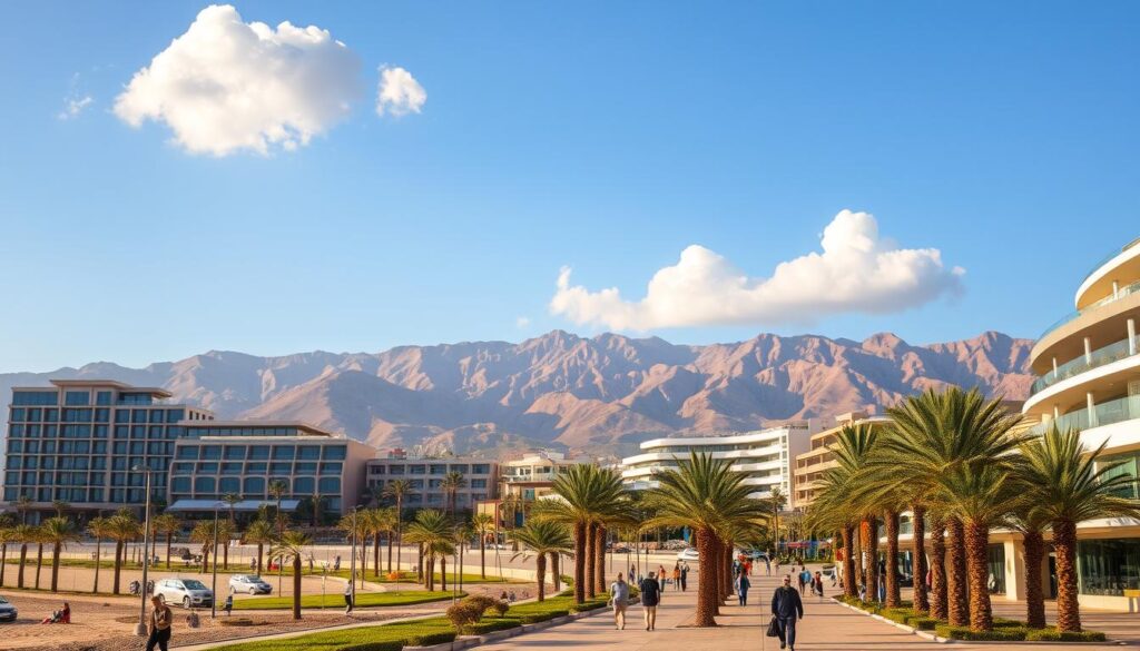 A picturesque view of Agadir, Morocco, showcasing its modern infrastructure and vibrant resort life. In the foreground, a well-maintained beach promenade lined with palm trees and people in modest casual clothing walking and enjoying the sun. In the middle ground, luxurious hotels and resorts with contemporary architecture, featuring balconies and large glass windows. The background includes the stunning outline of the Anti-Atlas mountains bathed in warm golden sunlight, creating a tranquil atmosphere. Clear blue skies with a few fluffy white clouds complement the scene. The mood is relaxed yet secure, illustrating a safe and enjoyable vacation experience. The composition is captured from a slightly elevated angle, with a wide lens to encompass the beauty of the landscape.