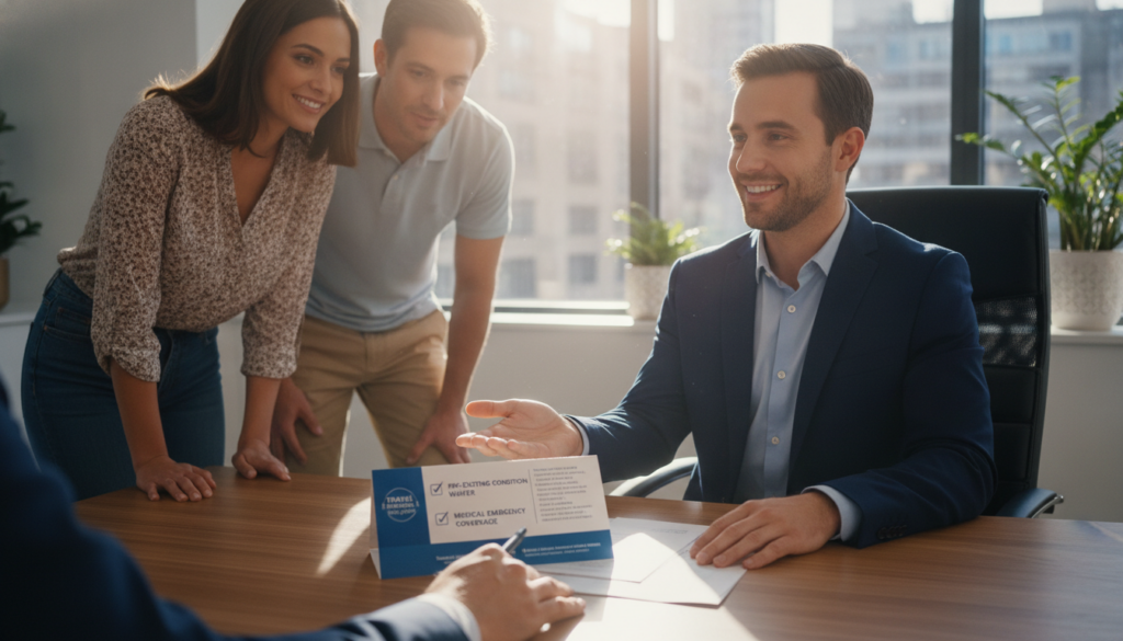 A professional, well-organized office setting showcasing a travel insurance brochure spread open on a desk. In the foreground, a hand points to key benefits listed on the brochure, emphasizing "pre-existing condition waiver" and "medical emergency coverage." In the middle ground, an insurance advisor in business attire offers guidance with a welcoming smile, while a couple in casual but neat clothing listens attentively, looking reassured. The background features a window with natural light pouring in, creating a bright and optimistic atmosphere. The overall mood is informative and supportive, appealing to travelers seeking peace of mind for their health while abroad. The image is captured with a slightly elevated angle, focusing on the interaction between the advisor and the couple, with soft focus elements in the background.