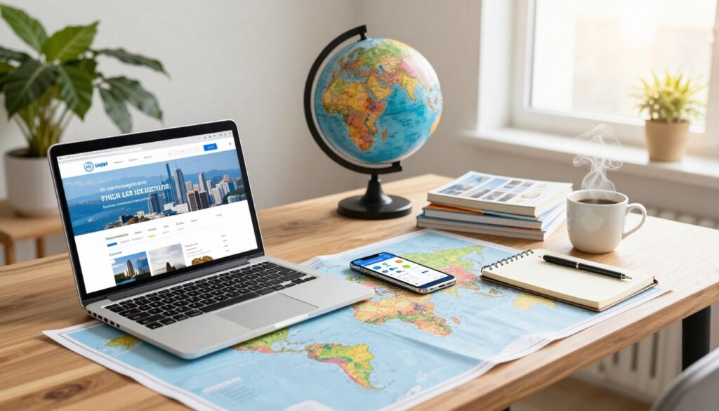 A scenic travel planning workspace featuring a cozy wooden desk with a colorful world map spread out. In the foreground, a laptop with flight and accommodation websites open, next to a smartphone displaying a travel budgeting app. A steaming cup of coffee and a notepad with travel tips are neatly arranged. In the middle ground, a globe spins beside a stack of travel guides and brochures. The background reveals a window with sunlight filtering in, highlighting a vibrant indoor plant and city skyline outside. The mood is inspiring and focused, evoking a sense of adventure and strategic planning in a warm and welcoming atmosphere. Natural light creates a soft glow, bringing a fresh, inviting feel to the scene. A scenic travel planning workspace featuring a cozy wooden desk with a colorful world map spread out. In the foreground, a laptop with flight and accommodation websites open, next to a smartphone displaying a travel budgeting app. A steaming cup of coffee and a notepad with travel tips are neatly arranged. In the middle ground, a globe spins beside a stack of travel guides and brochures. The background reveals a window with sunlight filtering in, highlighting a vibrant indoor plant and city skyline outside. The mood is inspiring and focused, evoking a sense of adventure and strategic planning in a warm and welcoming atmosphere. Natural light creates a soft glow, bringing a fresh, inviting feel to the scene.