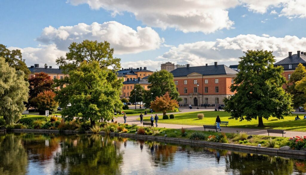 A scenic view of Djurgården, a lush green oasis in Stockholm, showcasing beautiful landmarks like the Vasa Museum and the historic Skansen. In the foreground, a tranquil pond reflects the vibrant colors of the surrounding foliage, with people enjoying leisurely strolls, dressed in comfortable casual clothing. The middle ground features charming pathways lined with trees, inviting benches, and glimpses of classic architecture. In the background, the silhouette of the city skyline can be seen under a bright blue sky dotted with fluffy white clouds, illuminated by soft morning light. The atmosphere is serene and inviting, perfect for travelers seeking cultural and recreational experiences. Shot with a wide-angle lens to capture the expansive beauty of this iconic neighborhood.