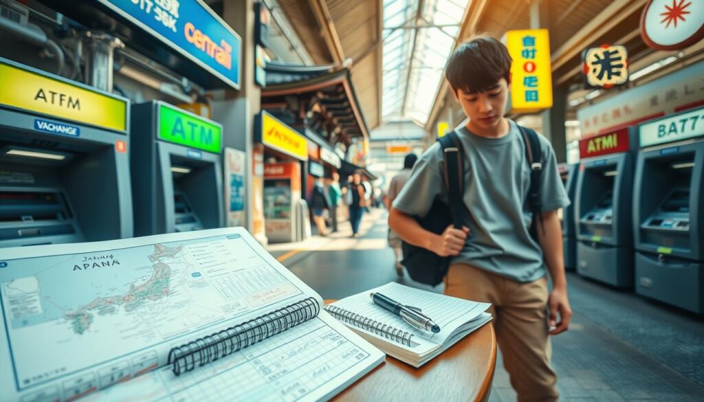 A scenic view of a budget traveler in Japan, capturing a young person in modest casual clothing, examining a currency exchange booth in a bustling train station. In the foreground, display a map of Japan and a detailed budget notebook on a wooden bench. The middle ground features a variety of ATM machines and signs in Japanese, suggesting banking options. In the background, traditional Japanese architecture contrasts with modern elements like neon signs. The lighting is bright and vibrant, suggesting a sunny day, with a soft focus on the traveler to emphasize their exploration over details. The atmosphere is energetic and adventurous, reflecting the excitement of managing finances while traveling.