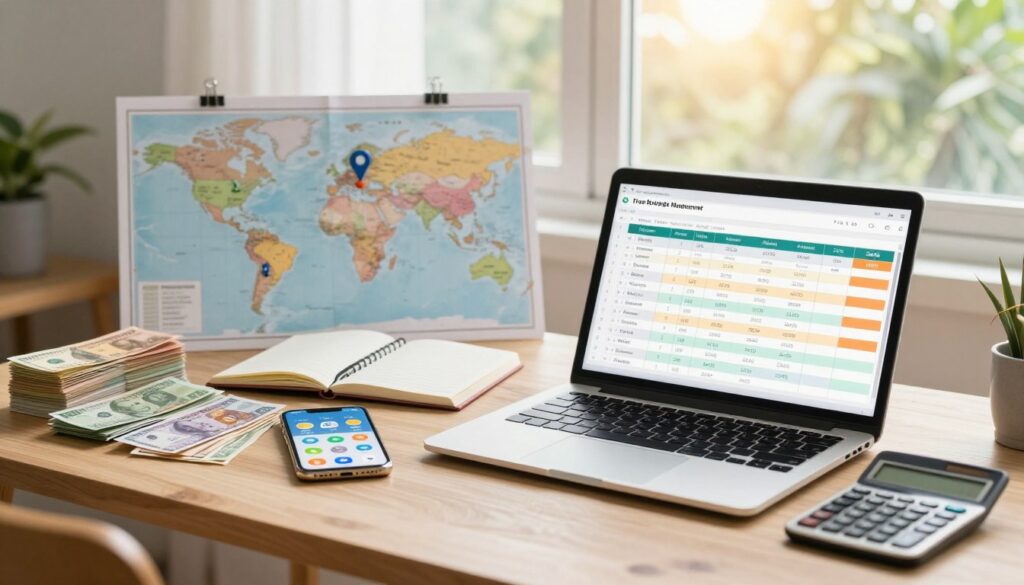 A serene and organized workspace depicting travel budget management. In the foreground, a wooden desk is adorned with an open laptop displaying a colorful budget spreadsheet, a smartphone with travel apps, and a calculator surrounded by various currencies in neat stacks. The middle layer features a world map with pins marking safe and affordable travel destinations, alongside a notebook filled with notes on local expenses. In the background, a soft-focus window reveals a bright, sunny day outside, suggesting optimism and exploration. Natural light cascades into the room, creating a warm and inviting atmosphere. The scene is designed to evoke feelings of planning and anticipation for future travels, with a professional yet approachable style. A serene and organized workspace depicting travel budget management. In the foreground, a wooden desk is adorned with an open laptop displaying a colorful budget spreadsheet, a smartphone with travel apps, and a calculator surrounded by various currencies in neat stacks. The middle layer features a world map with pins marking safe and affordable travel destinations, alongside a notebook filled with notes on local expenses. In the background, a soft-focus window reveals a bright, sunny day outside, suggesting optimism and exploration. Natural light cascades into the room, creating a warm and inviting atmosphere. The scene is designed to evoke feelings of planning and anticipation for future travels, with a professional yet approachable style.