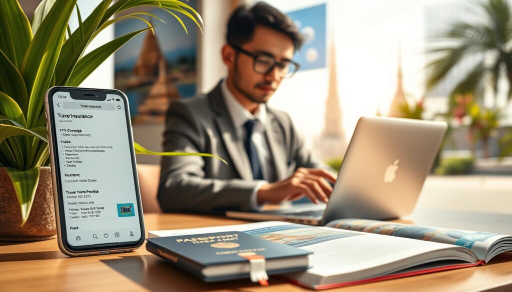 A serene and professional scene depicting travel insurance for Thailand. In the foreground, a smartphone displaying a travel insurance app shows coverage details next to a passport and a travel guidebook, symbolizing preparation. In the middle ground, a person in smart casual attire consults a laptop, appearing focused and organized, with tropical plants peeking in from the edges, suggesting the Thai environment. The background features soft-focus images of famous Thai landmarks like temples and beaches, conveying a travel atmosphere. The lighting is warm and inviting, mimicking a sunny day, with gentle shadows adding depth. This image evokes a sense of security and preparedness for travelers planning their adventures in Thailand. A serene and professional scene depicting travel insurance for Thailand. In the foreground, a smartphone displaying a travel insurance app shows coverage details next to a passport and a travel guidebook, symbolizing preparation. In the middle ground, a person in smart casual attire consults a laptop, appearing focused and organized, with tropical plants peeking in from the edges, suggesting the Thai environment. The background features soft-focus images of famous Thai landmarks like temples and beaches, conveying a travel atmosphere. The lighting is warm and inviting, mimicking a sunny day, with gentle shadows adding depth. This image evokes a sense of security and preparedness for travelers planning their adventures in Thailand.