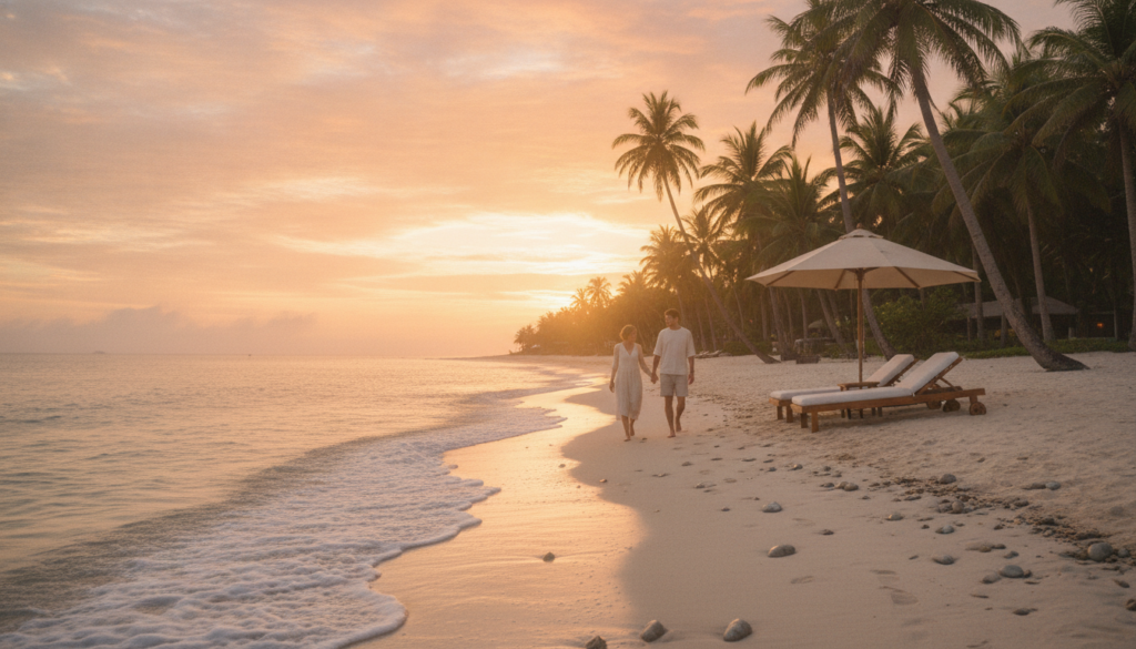 A serene coastal scene showcasing a peaceful beach retreat at sunset. In the foreground, soft, sandy shores dotted with small, smooth rocks and gentle waves lapping at the coast. A couple in modest casual attire enjoys a leisurely stroll, their footprints trailing behind them. In the middle ground, beach chairs and an unoccupied umbrella create a relaxing atmosphere, inviting visitors to unwind. The background features lush palm trees gently swaying in the breeze, framed by a vibrant orange and pink sky as the sun dips toward the horizon. Soft golden light casts a warm glow on the scene, enhancing the tranquil mood, while a shallow depth of field subtly blurs the distant ocean, bringing focus to the intimate beach experience. A serene coastal scene showcasing a peaceful beach retreat at sunset. In the foreground, soft, sandy shores dotted with small, smooth rocks and gentle waves lapping at the coast. A couple in modest casual attire enjoys a leisurely stroll, their footprints trailing behind them. In the middle ground, beach chairs and an unoccupied umbrella create a relaxing atmosphere, inviting visitors to unwind. The background features lush palm trees gently swaying in the breeze, framed by a vibrant orange and pink sky as the sun dips toward the horizon. Soft golden light casts a warm glow on the scene, enhancing the tranquil mood, while a shallow depth of field subtly blurs the distant ocean, bringing focus to the intimate beach experience.