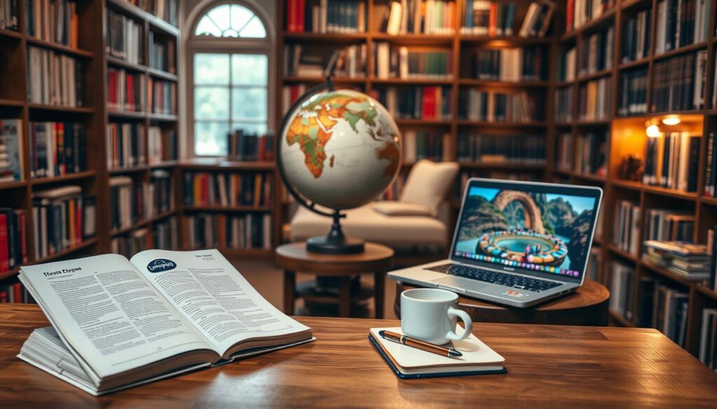 A serene, inviting travel library filled with meticulously organized travel guides and books lining wooden shelves. In the foreground, a beautiful wooden table holds an open Lonely Planet guide, a steaming cup of coffee, and a notepad with a pen, demonstrating diligence in research. In the middle, a large globe and an antique compass create intrigue and a sense of adventure, while a laptop displaying vibrant travel photos signals a modern approach to exploration. The background features a cozy reading nook, illuminated by warm, soft lighting that casts gentle shadows, reflecting a thoughtful atmosphere. The overall mood is one of inspiration and professionalism, perfect for discerning travelers seeking quality and editorial excellence in travel content.