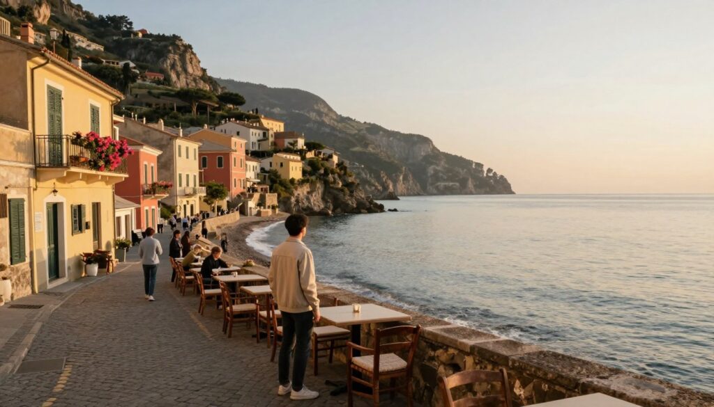 A serene off-season travel scene showcasing a quiet, picturesque coastal village during golden hour. In the foreground, a well-dressed traveler in a light jacket stands next to an empty café terrace, gazing at the calm sea, illustrating the peace of off-peak travel. In the middle ground, charming, colorful houses with flower-filled balconies line the cobblestone streets, and a few locals enjoying the tranquil atmosphere can be seen conversing. In the background, expansive cliffs meet the ocean, bathed in warm, golden sunlight, with soft waves gently lapping at the shore. The atmosphere evokes a sense of relaxation and well-being, inviting viewers to imagine themselves in this peaceful escape. Use soft lighting and a wide-angle lens to enhance the depth of the scene, capturing the beauty of off-season travel.