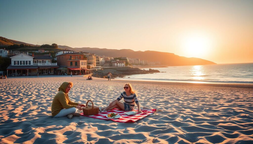 A serene off-season travel scene showcasing the advantages of exploring popular destinations with fewer crowds. In the foreground, a cheerful family dressed in casual clothing enjoys a picnic at an empty beach, their vibrant picnic blanket contrasting with the soft blue and green hues of the sandy shore. In the middle ground, a picturesque seaside town features quaint shops and cozy cafés, with clear skies reflecting a golden sunset, enhancing the inviting atmosphere. In the background, rolling hills merge into a tranquil ocean, illustrating a peaceful retreat. The lighting is warm and soft, evoking a relaxed and joyful mood. Capture the scene from a slightly elevated angle to convey a sense of expansiveness and freedom, emphasizing the beauty and accessibility of off-season travel. A serene off-season travel scene showcasing the advantages of exploring popular destinations with fewer crowds. In the foreground, a cheerful family dressed in casual clothing enjoys a picnic at an empty beach, their vibrant picnic blanket contrasting with the soft blue and green hues of the sandy shore. In the middle ground, a picturesque seaside town features quaint shops and cozy cafés, with clear skies reflecting a golden sunset, enhancing the inviting atmosphere. In the background, rolling hills merge into a tranquil ocean, illustrating a peaceful retreat. The lighting is warm and soft, evoking a relaxed and joyful mood. Capture the scene from a slightly elevated angle to convey a sense of expansiveness and freedom, emphasizing the beauty and accessibility of off-season travel.