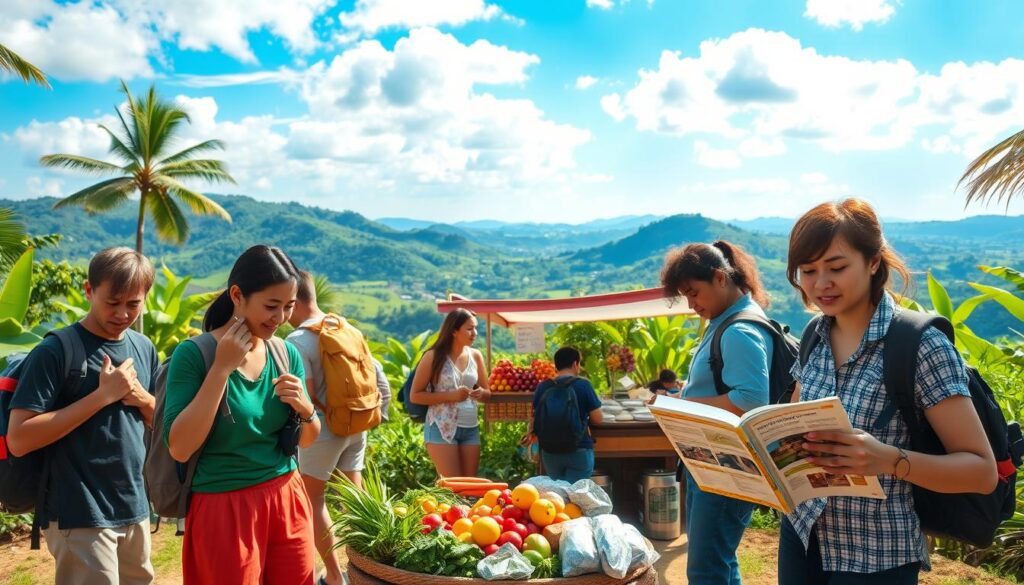 A serene outdoor scene depicting a lush tropical landscape, showcasing essential health precautions for travelers. In the foreground, a diverse group of backpackers in modest casual clothing are seen applying sunscreen, checking their hydration packs, and reading a guidebook about local health tips. In the middle ground, a vibrant market stall displays fresh fruits, vegetables, and herbal teas, emphasizing the importance of healthy eating while traveling. The background features a scenic view of green hills under a bright blue sky with soft, diffused sunlight illuminating the scene, creating a warm and inviting atmosphere. The image should evoke a sense of adventure, wellness, and vibrant local culture, captured with a wide-angle lens to encompass the lively details. A serene outdoor scene depicting a lush tropical landscape, showcasing essential health precautions for travelers. In the foreground, a diverse group of backpackers in modest casual clothing are seen applying sunscreen, checking their hydration packs, and reading a guidebook about local health tips. In the middle ground, a vibrant market stall displays fresh fruits, vegetables, and herbal teas, emphasizing the importance of healthy eating while traveling. The background features a scenic view of green hills under a bright blue sky with soft, diffused sunlight illuminating the scene, creating a warm and inviting atmosphere. The image should evoke a sense of adventure, wellness, and vibrant local culture, captured with a wide-angle lens to encompass the lively details.