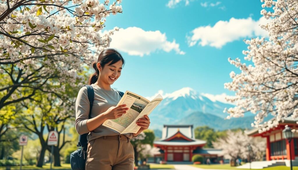 A serene outdoor scene in Japan, depicting a solo traveler, a woman dressed in modest casual clothing, standing confidently at a crystal-clear, lush green park. She is reviewing a well-organized map with essential safety tips visible. In the foreground, cherry blossom trees bloom vibrantly, adding a sense of tranquility. The middle ground features traditional Japanese architecture blended with modern safety signage subtly placed around the area, illustrating a blend of culture and contemporary safety measures. In the background, majestic mountains rise under a bright blue sky with soft, fluffy clouds, evoking an atmosphere of peace and adventure. The lighting is warm and inviting, suggesting a sunny day, captured with a wide-angle lens to emphasize the expansive beauty of the landscape. The overall mood reflects security and well-being for solo travelers.