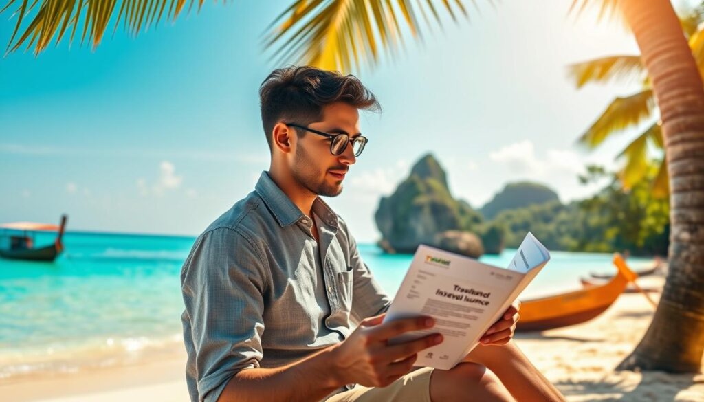 A serene, picturesque scene illustrating travel insurance for Thailand, situated on a vibrant beach with turquoise waters and golden sands in the background. In the foreground, a confident, professional-looking American traveler in modest casual clothing examines a brochure about travel insurance, sitting under a palm tree with a clear blue sky above. The middle ground features iconic Thai elements like a traditional long-tail boat and a lush green jungle. Soft, warm sunlight envelops the scene, casting gentle shadows, enhancing the mood of adventure and financial prudence. The camera angle captures the traveler in profile, focusing on their engagement with the travel material while blending with the beautiful Thai environment. A serene, picturesque scene illustrating travel insurance for Thailand, situated on a vibrant beach with turquoise waters and golden sands in the background. In the foreground, a confident, professional-looking American traveler in modest casual clothing examines a brochure about travel insurance, sitting under a palm tree with a clear blue sky above. The middle ground features iconic Thai elements like a traditional long-tail boat and a lush green jungle. Soft, warm sunlight envelops the scene, casting gentle shadows, enhancing the mood of adventure and financial prudence. The camera angle captures the traveler in profile, focusing on their engagement with the travel material while blending with the beautiful Thai environment.