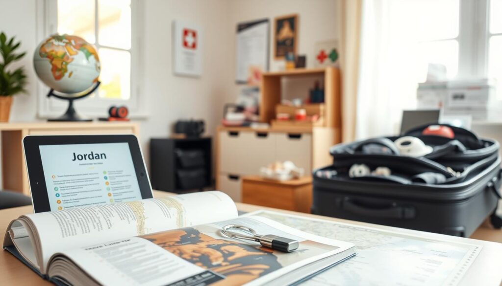 A serene travel preparation scene inside a well-organized home office. In the foreground, a neatly arranged desk features a travel guidebook about Jordan, a digital tablet displaying essential travel tips, a packed suitcase partially open with a visible travel lock, and a map with marked destinations. The middle ground shows a globe and an emergency contact list on the wall, alongside various travel safety items like a first aid kit and a set of travel insurance documents. The background includes a window showcasing soft, natural light streaming in, creating a calm and inviting atmosphere. The overall mood conveys preparedness and security, highlighting the essential pre-trip safety precautions for travelers. A serene travel preparation scene inside a well-organized home office. In the foreground, a neatly arranged desk features a travel guidebook about Jordan, a digital tablet displaying essential travel tips, a packed suitcase partially open with a visible travel lock, and a map with marked destinations. The middle ground shows a globe and an emergency contact list on the wall, alongside various travel safety items like a first aid kit and a set of travel insurance documents. The background includes a window showcasing soft, natural light streaming in, creating a calm and inviting atmosphere. The overall mood conveys preparedness and security, highlighting the essential pre-trip safety precautions for travelers.