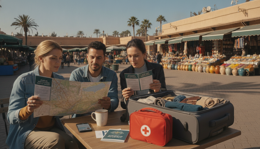 A serene travel scene depicting essential travel safety measures. In the foreground, a diverse group of three travelers in professional casual attire, reviewing a detailed travel checklist and safety pamphlets. The middle ground features a neatly packed suitcase, a first aid kit, and a travel insurance brochure, symbolizing preparedness for health considerations. In the background, a picturesque tourist destination, such as a vibrant market or a scenic landscape, with clear blue skies and gentle sunlight illuminating the scene. The atmosphere is calm and reassuring, evoking a sense of security and adventure. Use soft, natural lighting to highlight the warmth and safety of travel experiences. Capture this scene from a slightly elevated angle to provide a comprehensive view that emphasizes both the travelers and their thoughtful preparation.