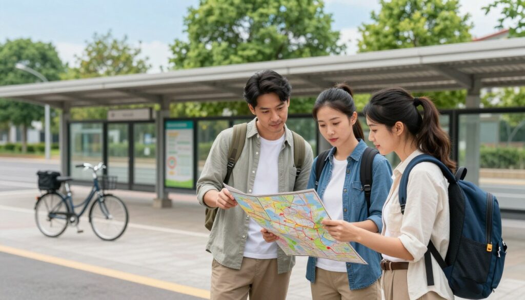 A serene travel scene depicting safety and logistics for savvy travelers. In the foreground, a diverse group of three travelers, a man and two women, dressed in modest casual clothing, review a travel map and discuss their route. The middle ground features a clean, well-maintained public transport station, with a couple of bicycles parked nearby, highlighting eco-friendly travel options. In the background, lush green trees and a clear blue sky create a peaceful atmosphere. Soft, natural lighting bathes the scene, enhancing a sense of safety and calm. Capture the moment from a slightly elevated angle to emphasize the travelers' engaged expressions and the inviting environment, evoking the spirit of exploration while prioritizing safety.