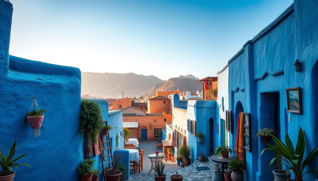 A serene view of Chefchaouen, the Blue Pearl of Morocco, showcasing its iconic blue-washed buildings nestled in the Rif Mountains. In the foreground, vibrant potted plants and colorful textiles hang outside a cozy café, inviting travelers to explore the unique streets. The middle ground features charming alleyways, further adorned with intricate doorways and local art, capturing the essence of Moroccan architecture. In the background, the majestic mountains frame the scene under a clear blue sky, with soft sunlight bathing the village in a warm glow. The atmosphere is tranquil and inviting, evoking a sense of peaceful exploration. The image should be captured from a slightly elevated angle to emphasize the town's layout, with natural lighting enhancing the vibrant colors of this unique location.