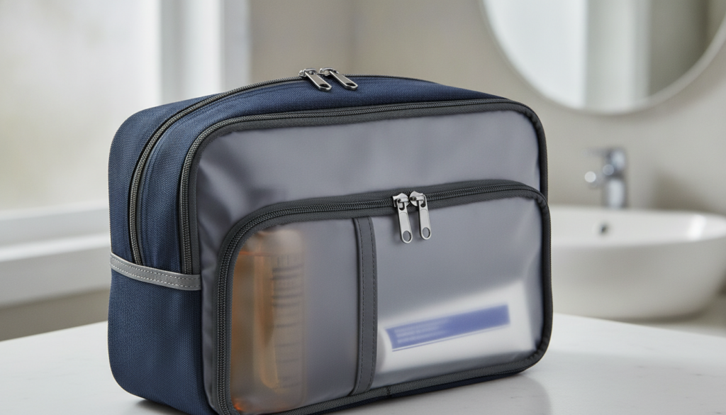 A sleek, modern leak-proof toiletry case prominently displayed in the foreground, showcasing its secure zippers and unique waterproof compartments. The case features elegant, durable materials with a minimalist design in shades of navy blue and gray. In the middle ground, a travel-sized shampoo bottle and a small tube of toothpaste are visibly organized within the case, highlighting its functionality and practicality. The background consists of a soft, blurred bathroom setting, accentuated by gentle natural light streaming in from a nearby window, creating a clean and fresh atmosphere. The angle should be slightly above eye level, capturing the intricate details of the case while maintaining a polished look. The overall mood is one of efficiency and sophistication, resonating with travelers seeking reliable security for their essentials. A sleek, modern leak-proof toiletry case prominently displayed in the foreground, showcasing its secure zippers and unique waterproof compartments. The case features elegant, durable materials with a minimalist design in shades of navy blue and gray. In the middle ground, a travel-sized shampoo bottle and a small tube of toothpaste are visibly organized within the case, highlighting its functionality and practicality. The background consists of a soft, blurred bathroom setting, accentuated by gentle natural light streaming in from a nearby window, creating a clean and fresh atmosphere. The angle should be slightly above eye level, capturing the intricate details of the case while maintaining a polished look. The overall mood is one of efficiency and sophistication, resonating with travelers seeking reliable security for their essentials.