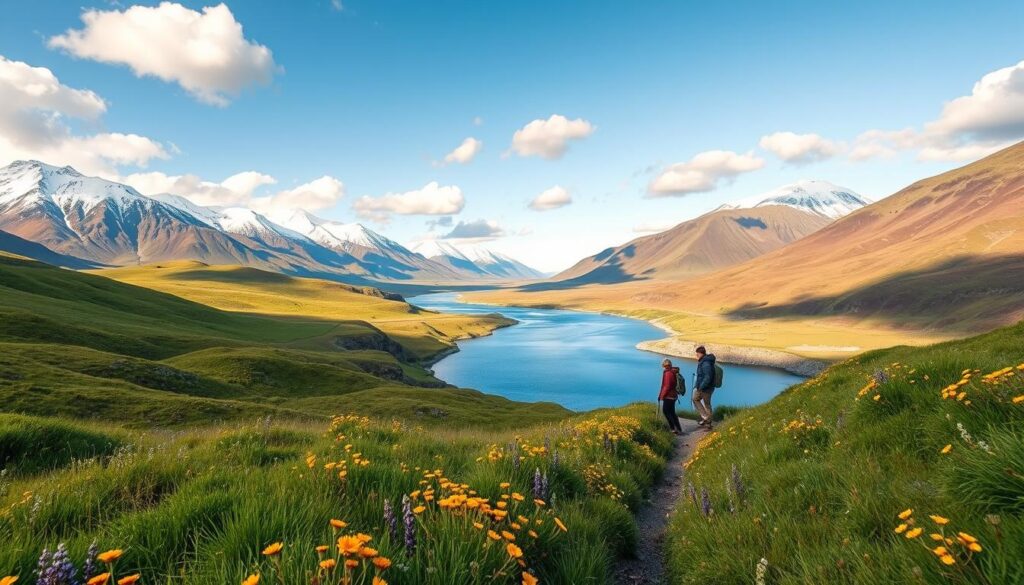 A stunning New Zealand landscape in late spring, showcasing lush green rolling hills and vibrant wildflowers in the foreground, symbolizing the best time to visit. In the middle ground, capture a winding river reflecting the clear blue sky, dotted with fluffy white clouds, while a pair of modestly dressed hikers explore the trail, embodying adventure and safety. The background features majestic snow-capped mountains under soft, warm sunlight, enhancing the mood of tranquility and natural beauty. Use a wide-angle lens to encompass the vastness of the scene, with a high dynamic range to highlight the vivid colors, creating an inviting and serene atmosphere that encourages exploration.