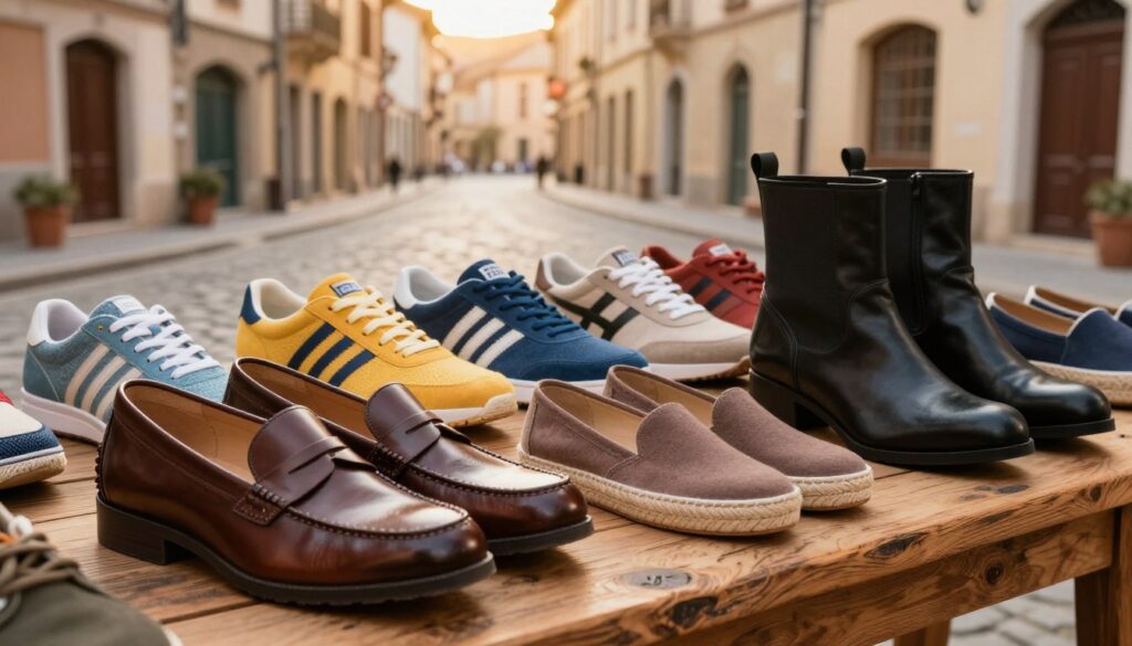 A stylish display of various European footwear arranged artfully on a rustic wooden surface. In the foreground, a pair of elegant leather loafers in dark brown and a sleek pair of fashionable ankle boots in black. In the middle ground, a vibrant selection of sneakers in diverse colors, alongside a classic pair of canvas espadrilles. The background features a softly blurred scene of a quaint European street, with cobblestone paths and charming architecture bathed in warm, golden hour light. The overall mood is inviting and sophisticated, evoking a sense of travel and adventure. The composition is captured from a slightly elevated angle to showcase the intricate details of each shoe while highlighting their suitability for various European destinations. A stylish display of various European footwear arranged artfully on a rustic wooden surface. In the foreground, a pair of elegant leather loafers in dark brown and a sleek pair of fashionable ankle boots in black. In the middle ground, a vibrant selection of sneakers in diverse colors, alongside a classic pair of canvas espadrilles. The background features a softly blurred scene of a quaint European street, with cobblestone paths and charming architecture bathed in warm, golden hour light. The overall mood is inviting and sophisticated, evoking a sense of travel and adventure. The composition is captured from a slightly elevated angle to showcase the intricate details of each shoe while highlighting their suitability for various European destinations.