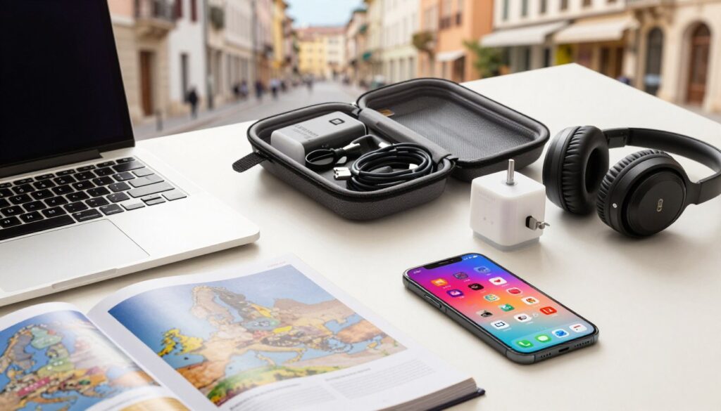 A stylish flat lay of essential travel electronics for a European adventure, featuring a sleek laptop, portable charger, noise-canceling headphones, universal travel adapter, and a smartphone with a vibrant travel app displayed. The foreground includes a glossy travel guidebook opened to a page on popular European destinations. In the middle, a compact carrying case holds various charging cables neatly organized. The background showcases a soft, blurred view of a picturesque European street, enhancing the travel theme. Soft natural lighting bathes the scene, creating an inviting and warm atmosphere. The image is taken from a slightly elevated angle, highlighting the arrangement of gadgets and accessories, invoking excitement and readiness for travel. A stylish flat lay of essential travel electronics for a European adventure, featuring a sleek laptop, portable charger, noise-canceling headphones, universal travel adapter, and a smartphone with a vibrant travel app displayed. The foreground includes a glossy travel guidebook opened to a page on popular European destinations. In the middle, a compact carrying case holds various charging cables neatly organized. The background showcases a soft, blurred view of a picturesque European street, enhancing the travel theme. Soft natural lighting bathes the scene, creating an inviting and warm atmosphere. The image is taken from a slightly elevated angle, highlighting the arrangement of gadgets and accessories, invoking excitement and readiness for travel.