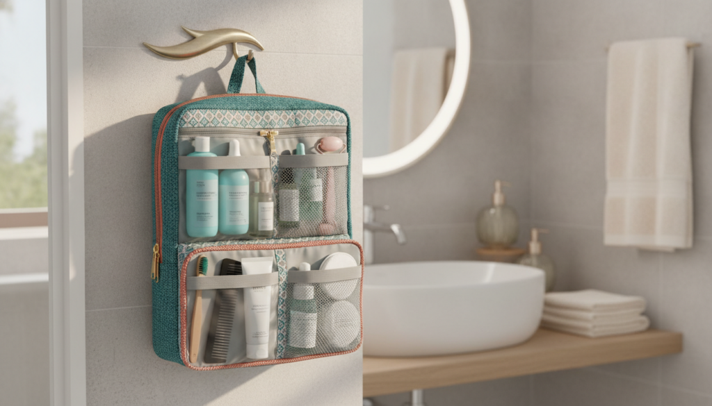 A stylish hanging toiletry bag, elegantly organized, showcasing multiple compartments filled with travel essentials like shampoo bottles, toothbrushes, and skincare products. The foreground features the bag hanging from a bathroom hook with a sleek, modern design, displaying vibrant colors such as teal and coral, accentuated by thoughtful details like zippers and mesh pockets. In the middle ground, a well-lit bathroom setting guides the eye, featuring soft natural light filtering through a nearby window, casting gentle shadows. The background holds blurred hints of decorative toiletries and soft towels, creating an inviting atmosphere. The overall mood is fresh and practical, emphasizing max organization while appealing to those who appreciate aesthetics in travel gear. A stylish hanging toiletry bag, elegantly organized, showcasing multiple compartments filled with travel essentials like shampoo bottles, toothbrushes, and skincare products. The foreground features the bag hanging from a bathroom hook with a sleek, modern design, displaying vibrant colors such as teal and coral, accentuated by thoughtful details like zippers and mesh pockets. In the middle ground, a well-lit bathroom setting guides the eye, featuring soft natural light filtering through a nearby window, casting gentle shadows. The background holds blurred hints of decorative toiletries and soft towels, creating an inviting atmosphere. The overall mood is fresh and practical, emphasizing max organization while appealing to those who appreciate aesthetics in travel gear.