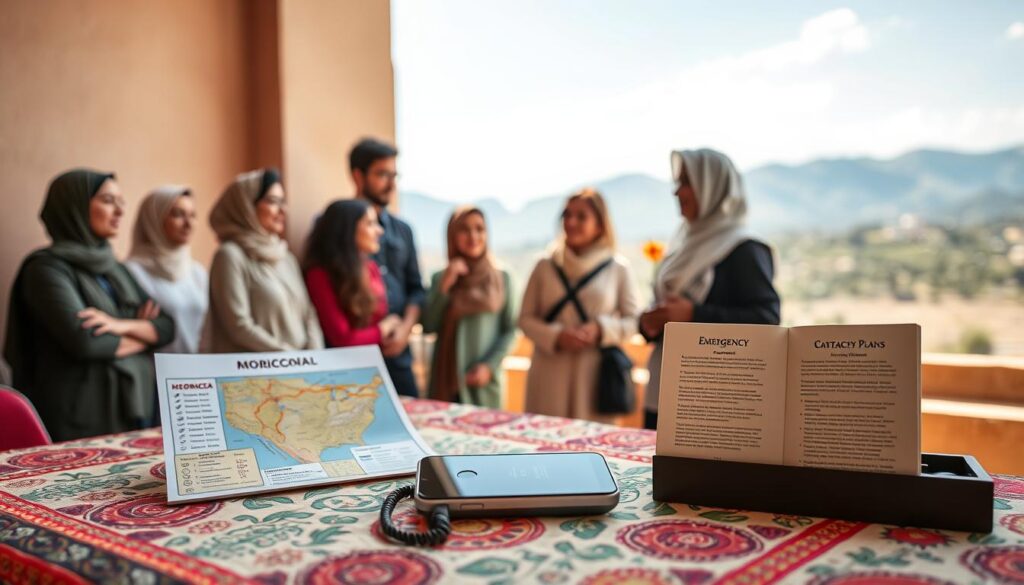 A thoughtfully designed scene depicting an emergency contact guide for tourists in Morocco. In the foreground, a neatly arranged table with a colorful Moroccan tablecloth, showcasing a map of Morocco, a phone with emergency contact numbers displayed, and a small guidebook on local support systems. In the middle ground, a diverse group of tourists dressed in modest casual attire, attentively discussing emergency plans with a friendly local guide wearing traditional Moroccan clothing. The background features a picturesque Moroccan landscape, with the Atlas Mountains and a blue sky, adding a sense of tranquility and safety. Soft, natural lighting creates a warm and inviting atmosphere, emphasizing the supportive community available for travelers. The image should invoke a sense of security and preparedness for tourists.