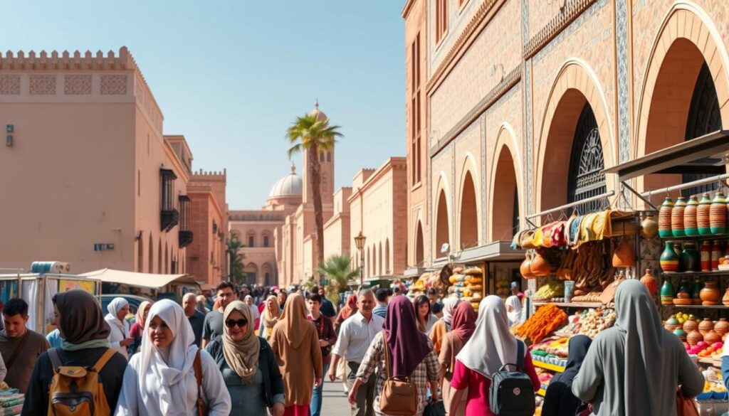 A vibrant Moroccan city street scene showcasing tourists navigating through a busy marketplace. In the foreground, a diverse group of tourists dressed in modest, casual attire engages with local vendors showcasing colorful textiles, pottery, and spices. The middle ground features traditional Moroccan architecture with arches and intricate tile work, reflecting a blend of culture and modernity. In the background, a clear blue sky illuminates the bustling atmosphere, creating a warm and inviting mood. Soft, diffused sunlight enhances the colors of the market, while the overall composition is captured from a slightly elevated angle, giving a panoramic view of the lively interactions, ensuring a sense of safety and vibrancy in Morocco’s public spaces.