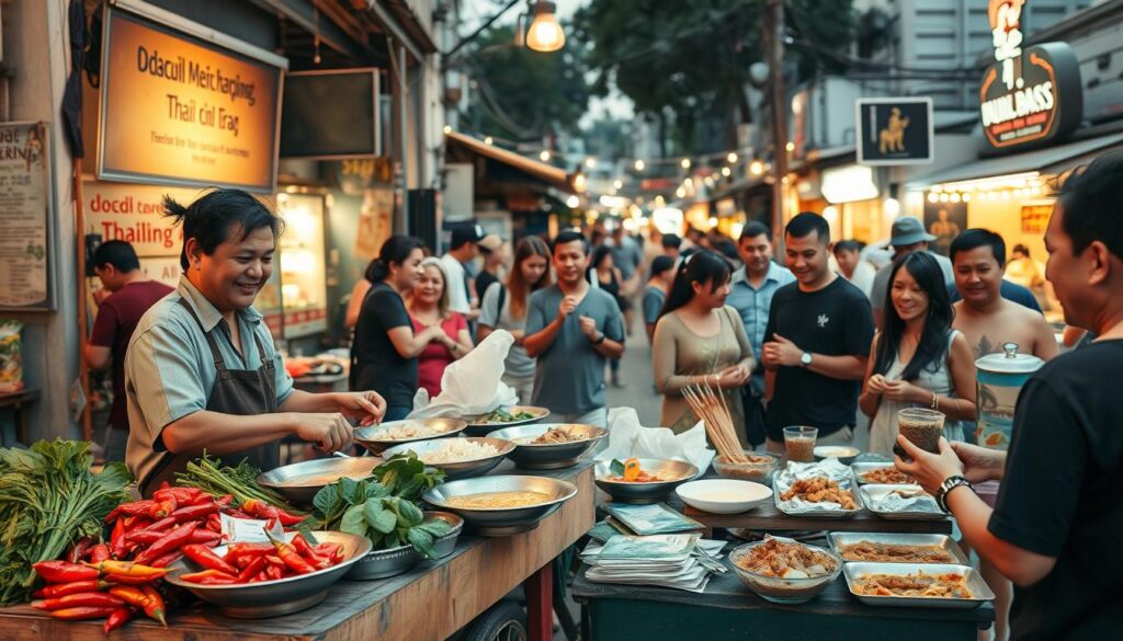 A vibrant Thai street food scene bustling with activity, featuring a local vendor expertly preparing colorful dishes. In the foreground, a wooden cart is laden with fresh ingredients like aromatic herbs, bright red chilies, and steaming bowls of noodles, while a friendly vendor in a simple, modest outfit greets an eager customer. In the middle ground, diverse groups of people, including tourists and locals, are gathered around, savoring dishes like pad thai, spicy soups, and skewered satay. The background showcases a lively street with string lights and small shops, adding to the lively atmosphere. Golden hour lighting bathes the scene in a warm glow, highlighting the vibrant colors of the food and the joyous expressions of the people present, creating a sense of community and adventure. A vibrant Thai street food scene bustling with activity, featuring a local vendor expertly preparing colorful dishes. In the foreground, a wooden cart is laden with fresh ingredients like aromatic herbs, bright red chilies, and steaming bowls of noodles, while a friendly vendor in a simple, modest outfit greets an eager customer. In the middle ground, diverse groups of people, including tourists and locals, are gathered around, savoring dishes like pad thai, spicy soups, and skewered satay. The background showcases a lively street with string lights and small shops, adding to the lively atmosphere. Golden hour lighting bathes the scene in a warm glow, highlighting the vibrant colors of the food and the joyous expressions of the people present, creating a sense of community and adventure.